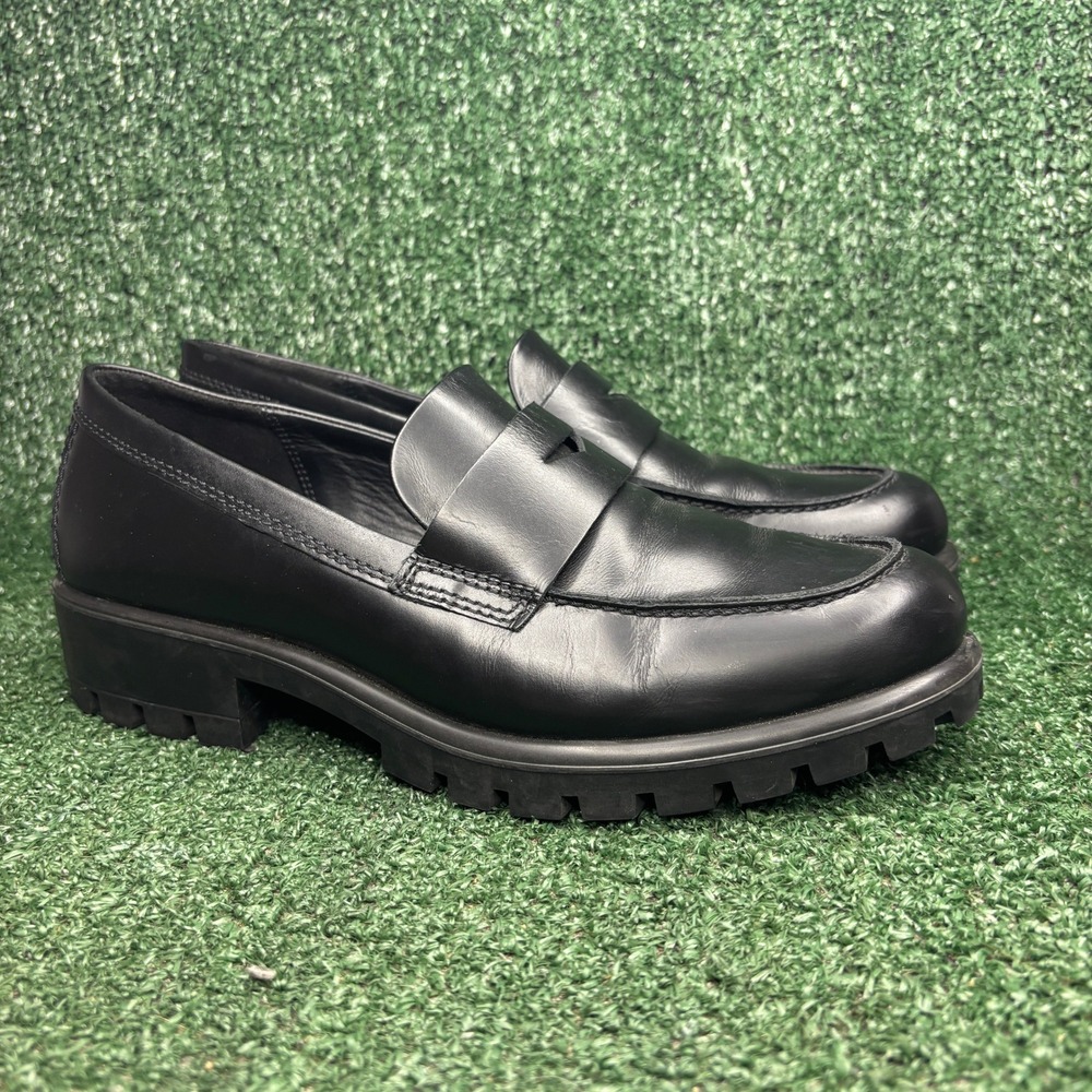 ECCO Modtray Penny Lug Sole Chunky Heel Leather Preppy Loafer Black Womens 8-8.5